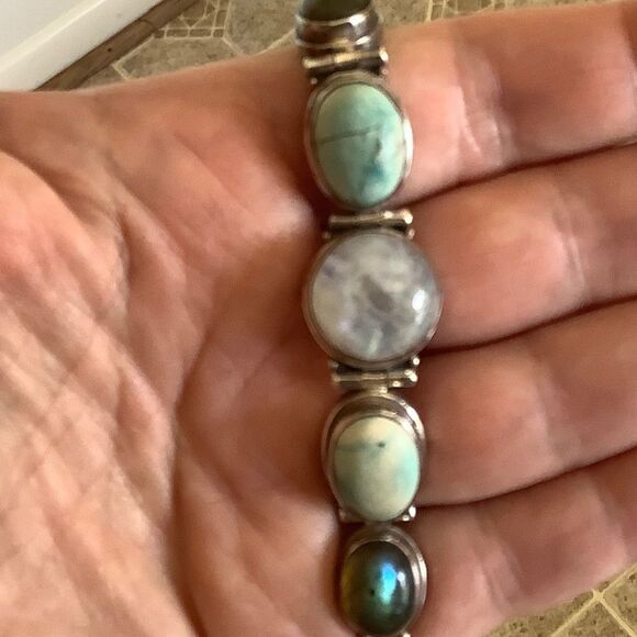 sterling SILVER VINTAGE MOON/LABRADORITE/LARIMAR STONE BRACELET - Picture 4 of 10